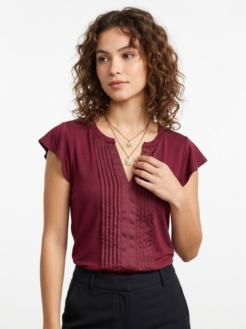 Petite XS Burgundy Mixed Media Pintuck Flutter Sleeve Blouse Career Office